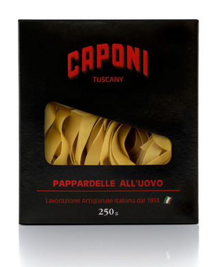 Caponi Pappardelle Hand-Made Dried Egg Pasta in black box with clear window (Tuscany, Italy).