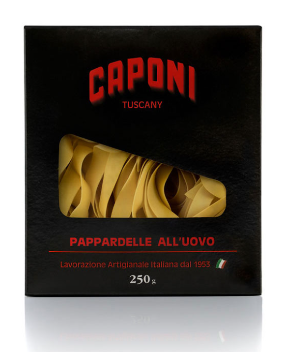 Caponi Pappardelle Hand-Made Dried Egg Pasta in black box with clear window
