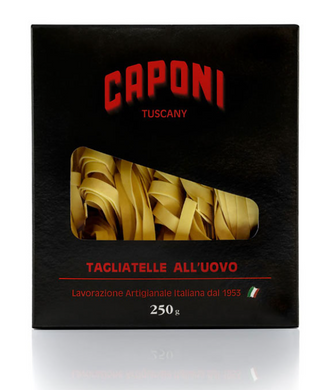 Caponi hand-made tagliatelle egg pasta in black box, Tuscany, Italy.