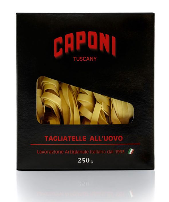 Caponi hand-made tagliatelle egg pasta in black box.