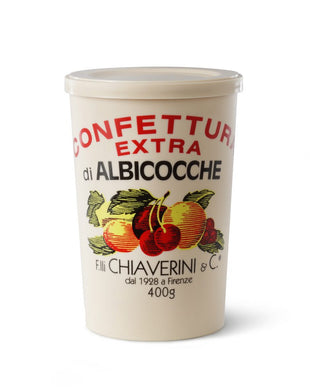 beautiful beige plastic jar with fruit images, Chiaverini Apricot Jam