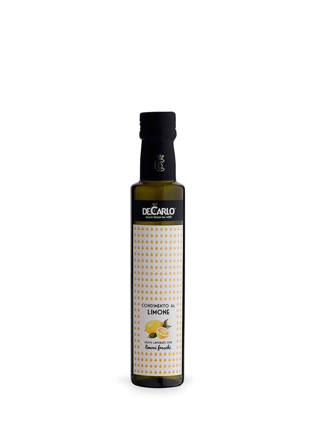 Dark Glass Bottle of De Carlo Lemon Olive Oil