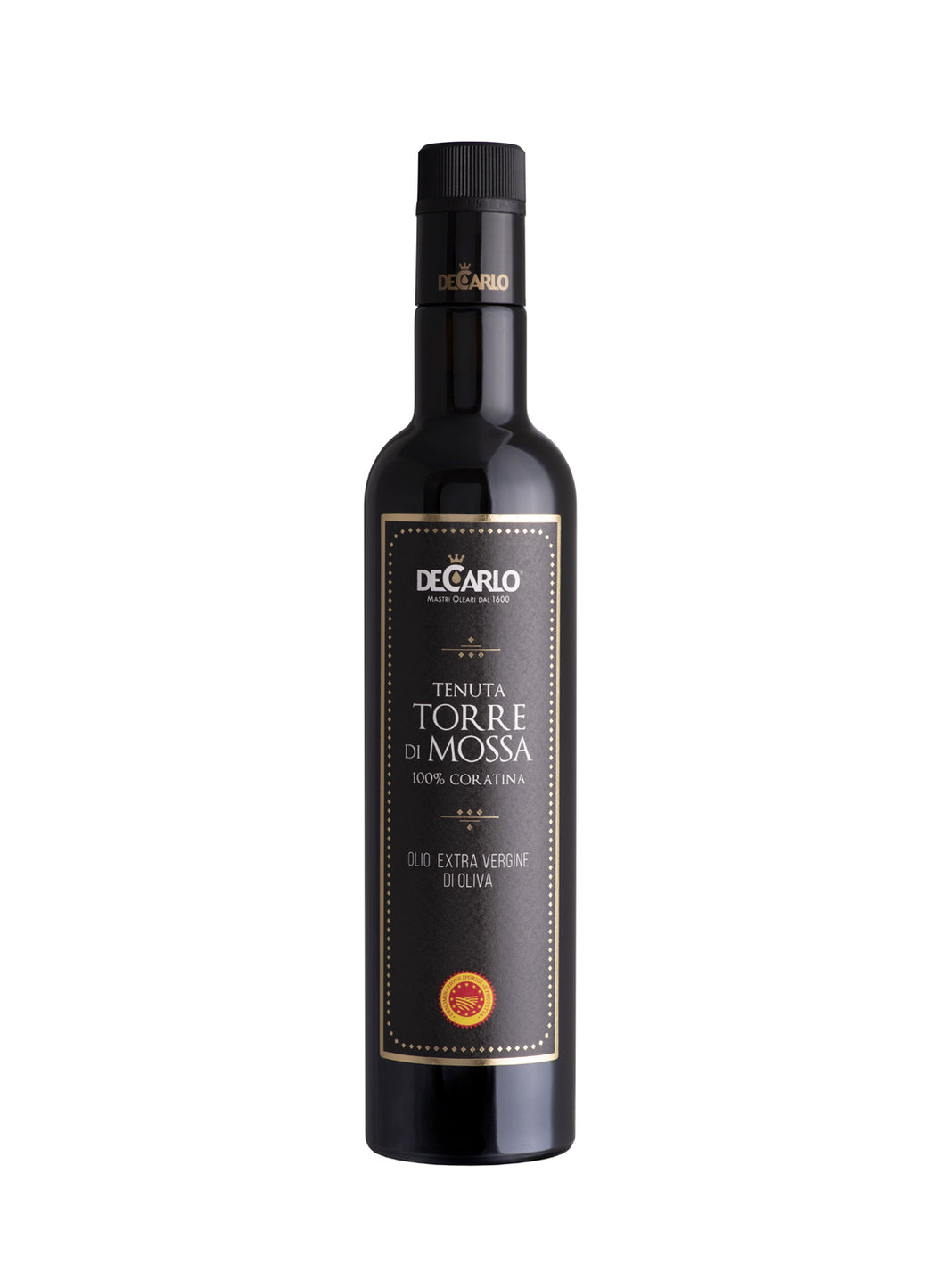 Black Glass Bottle of De Carlo Torre di Mossa Extra Virgin Olive Oil from Puglia, Italy