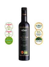 Load image into Gallery viewer, Bottle of Arcamone, organic 100% coratina extra virgin olive oil with awards from De Carlo .
