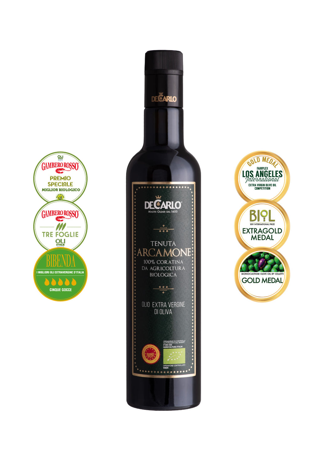bottle of organic italian olive oil evoo Arcomone from DeCarlo with awards