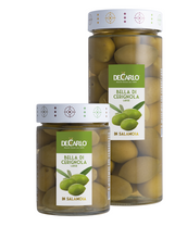 Load image into Gallery viewer, Two Size Jars of De Carlo Whole Green Cerignola Olives in Brine,
