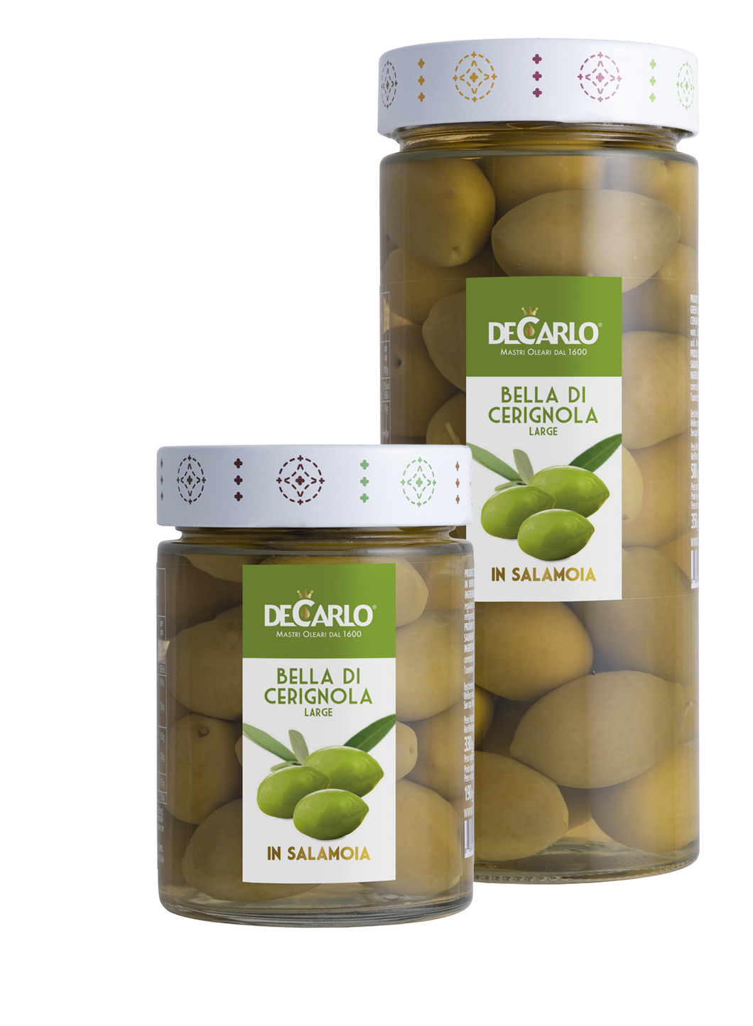 Two Size Jars of De Carlo Whole Green Cerignola Olives in Brine,