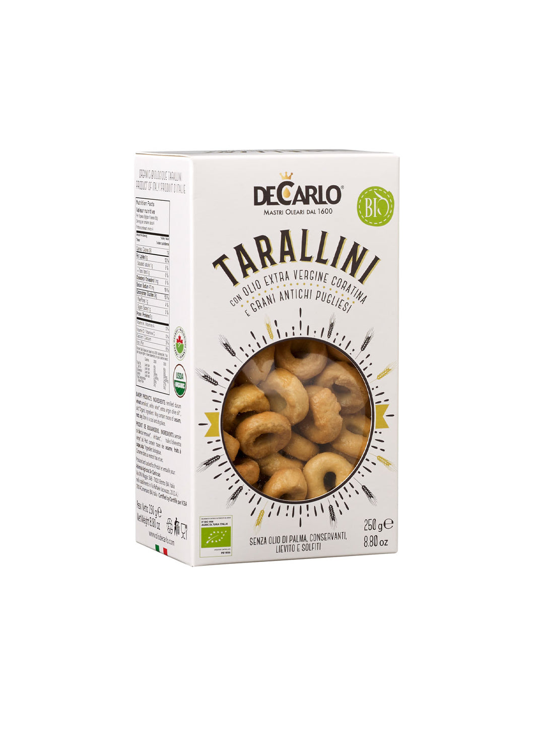 White box with black type, clear round window, of De Carlo's Tarallini Crackers