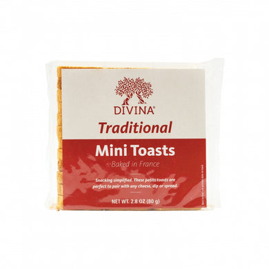 Clear package with white and red label of Divina French Mini Toasts, on white background.