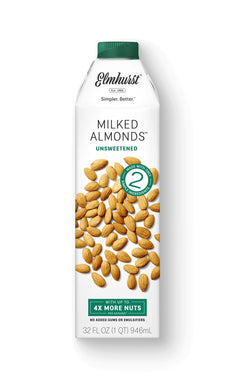 White quart carton with whole almonds on front of Elmhurst Almond Milk Unsweetened.