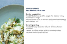 Load image into Gallery viewer, Recipe card of smoked sprats and marinated celery root.
