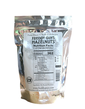 Load image into Gallery viewer, Freddy Guys roasted Oregon hazelnuts, clear/foil zip bag, back.
