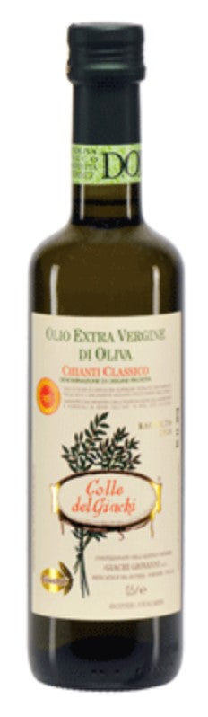 Dark green bottle of Giachi Extra Virgin Olive Oil DOP Chianti 