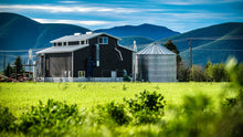 Load image into Gallery viewer, Hillside Grain Mill in Bellevue, Idaho.  Green pasture in foreground, dark green mountains in background, with scattered clear skies.

