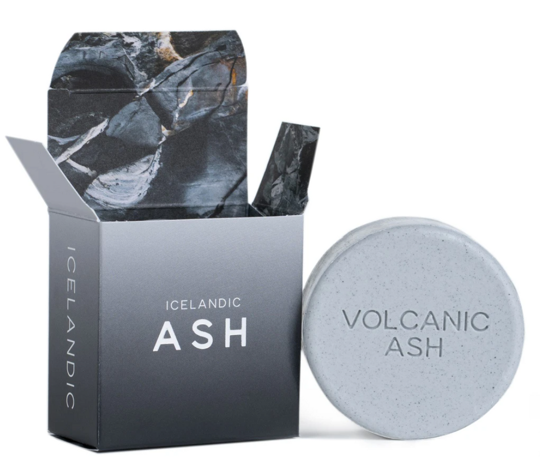 Grey Box with Round Bar of Ash Colored Soap.  Box says Icelandic Ash.