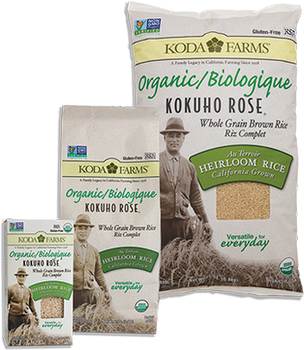 Organic Heirloom Koda Farms Brown Kokuho Rose Rice in 3 Sizes - small box, medium paper bag and larger sack.
