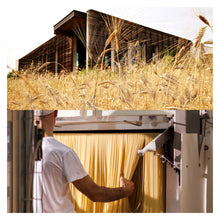 Load image into Gallery viewer, split image of pasta factory in a field, and worker making long pasta
