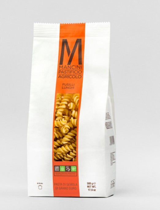 orange and white bag of fusilli lunchi pasta by Mancini Pastificio Agricolo