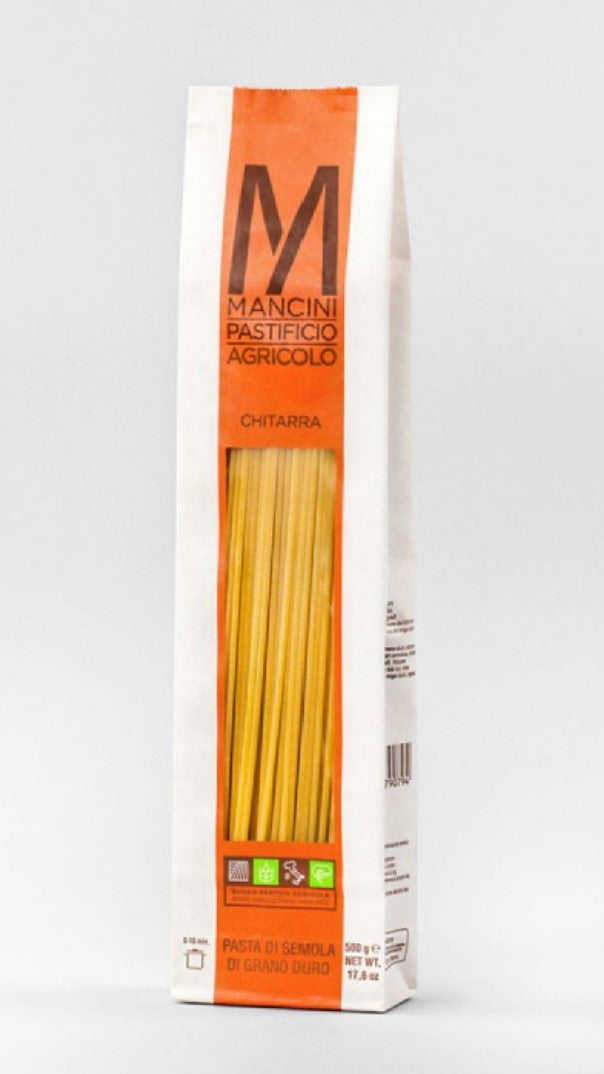 orange and white bag of chitarra pasta from Mancini Pastificio Agricolo