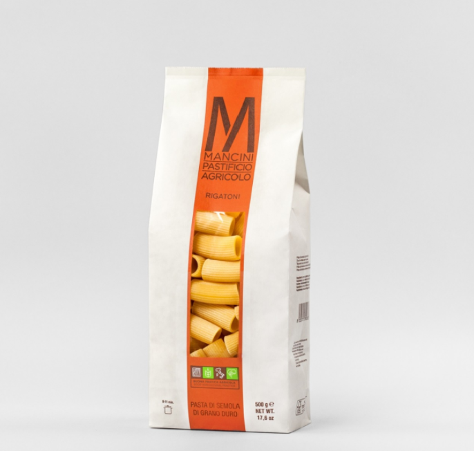 white and orange bag of Mancini Pastificio Agricolo pasta