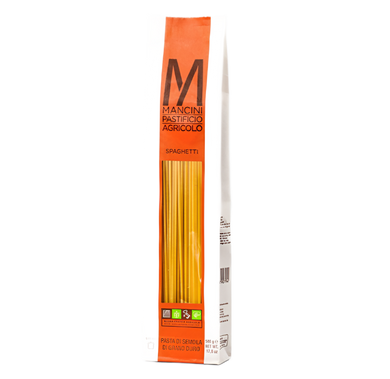 white and orange bag of Mancini Pastificio Agricolo spaghetti pasta