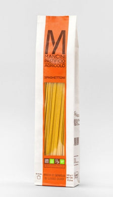 white and orange bag of Mancini Spaghettoni Pasta 