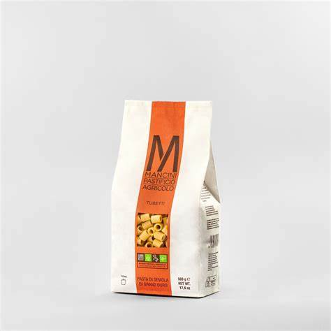 white and orange bag of Mancini tubetti pasta