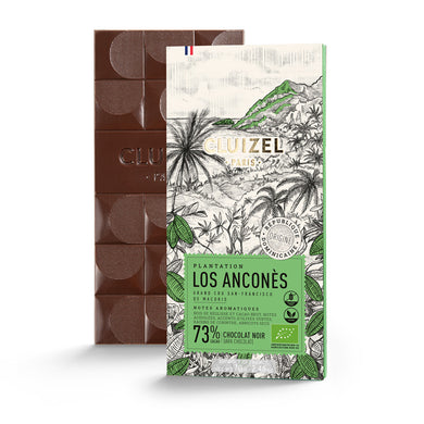 Cluizel 73% dark chocolate Los Ancones Chocolate Bar, New Formulation.  Green, gold and black print on white.  Single plantation.