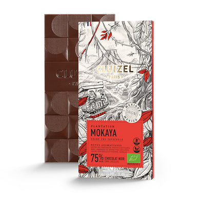 Cluizel's organic dark chocolate bar, 75% Mokaya.   White box with red, black and gold font.