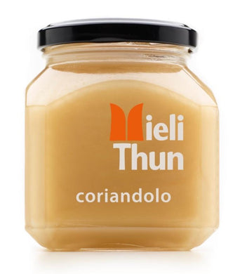 Large square jar of Mieli Thun golden Coriander Honey, 250 g.