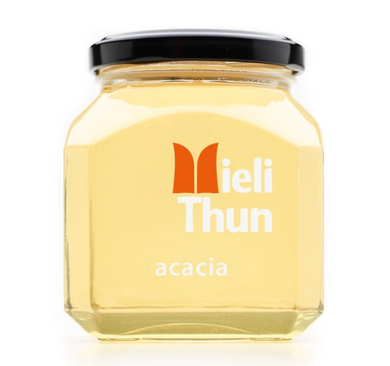 Clear, raw single flora Acacia Honey from Mieli Thun in Italy,  250 g Square Jar