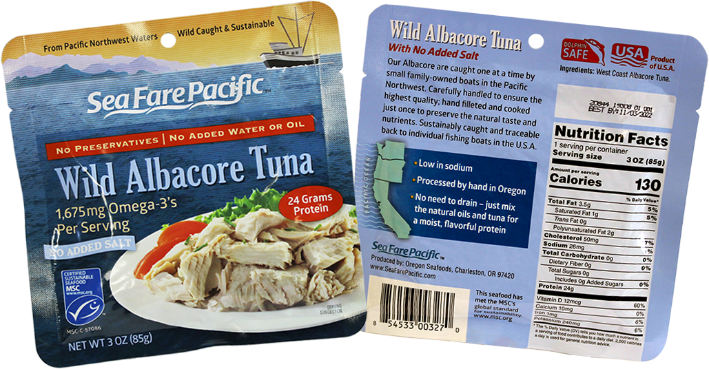 Sea Fare Pacific Wild US Albacore Tuna NO salt Pouch, Both Sides