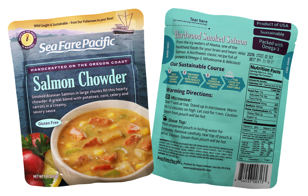 Oregon Salmon Chowder Pouch Both Sides, Sea Fare Pacific