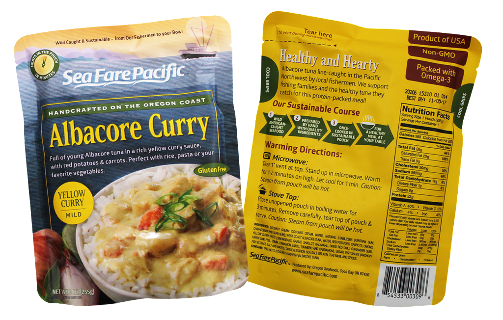 Oregon Wild Albacore Tuna Yellow Curry Chowder Pouch Both Sides, Sea Fare Pacific
