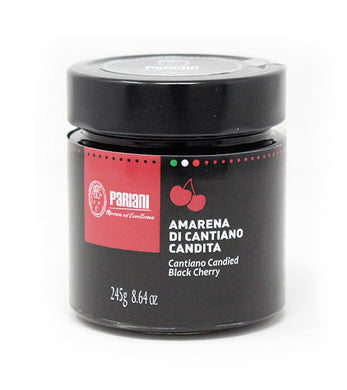 Glass jar of Italian amarena cherries with black label and lid, Pariani.
