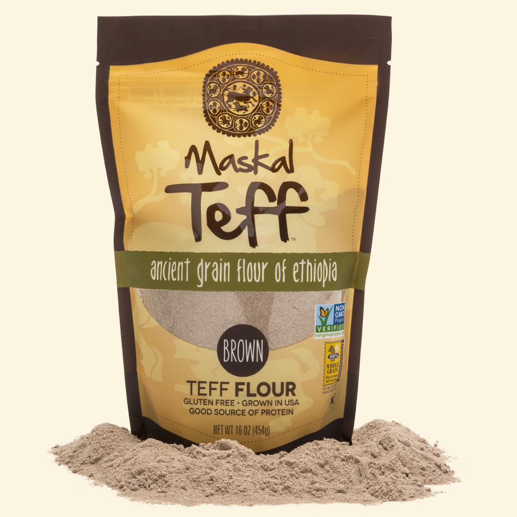 Maskal Teff retail bag of brown flour.