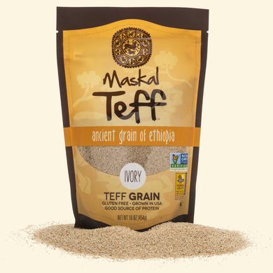Retail bag of Maskal Teff ivory grain.
